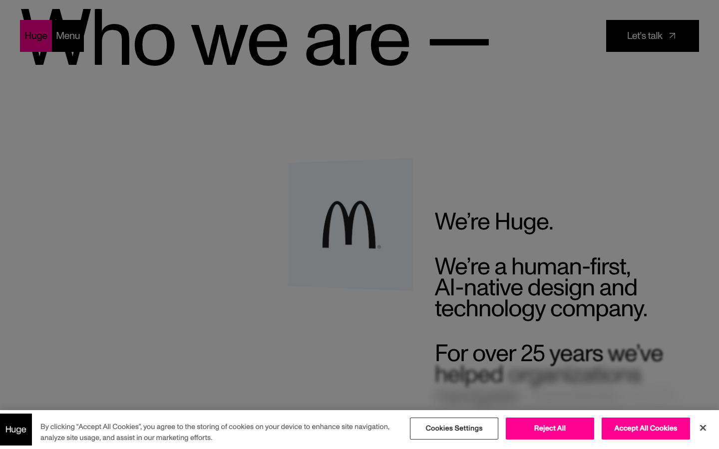 Screenshot of the Huge homepage